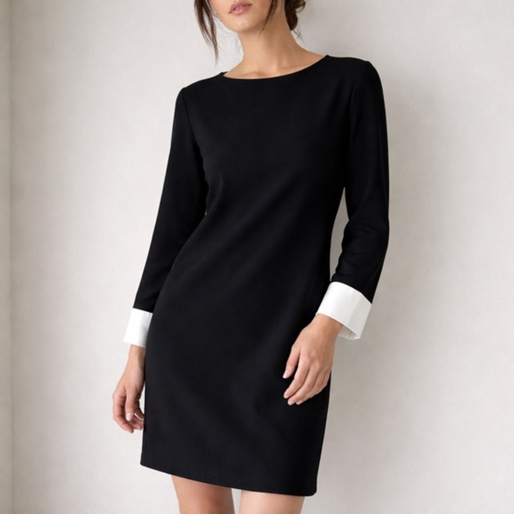 Theory Amszia Black Sheath Dress Size 2‎ Long Sleeve White Cuff Crepe Minimalist